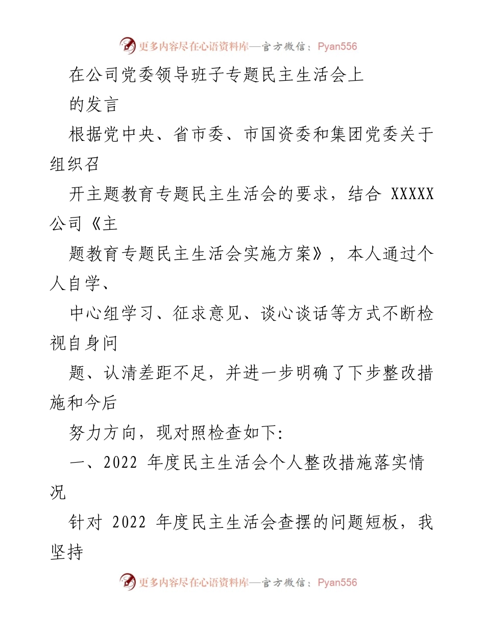 [发言] 公司党委专题民主生活会 - 深化理论学习，推动整改落实的自我检视与反思.docx_第1页
