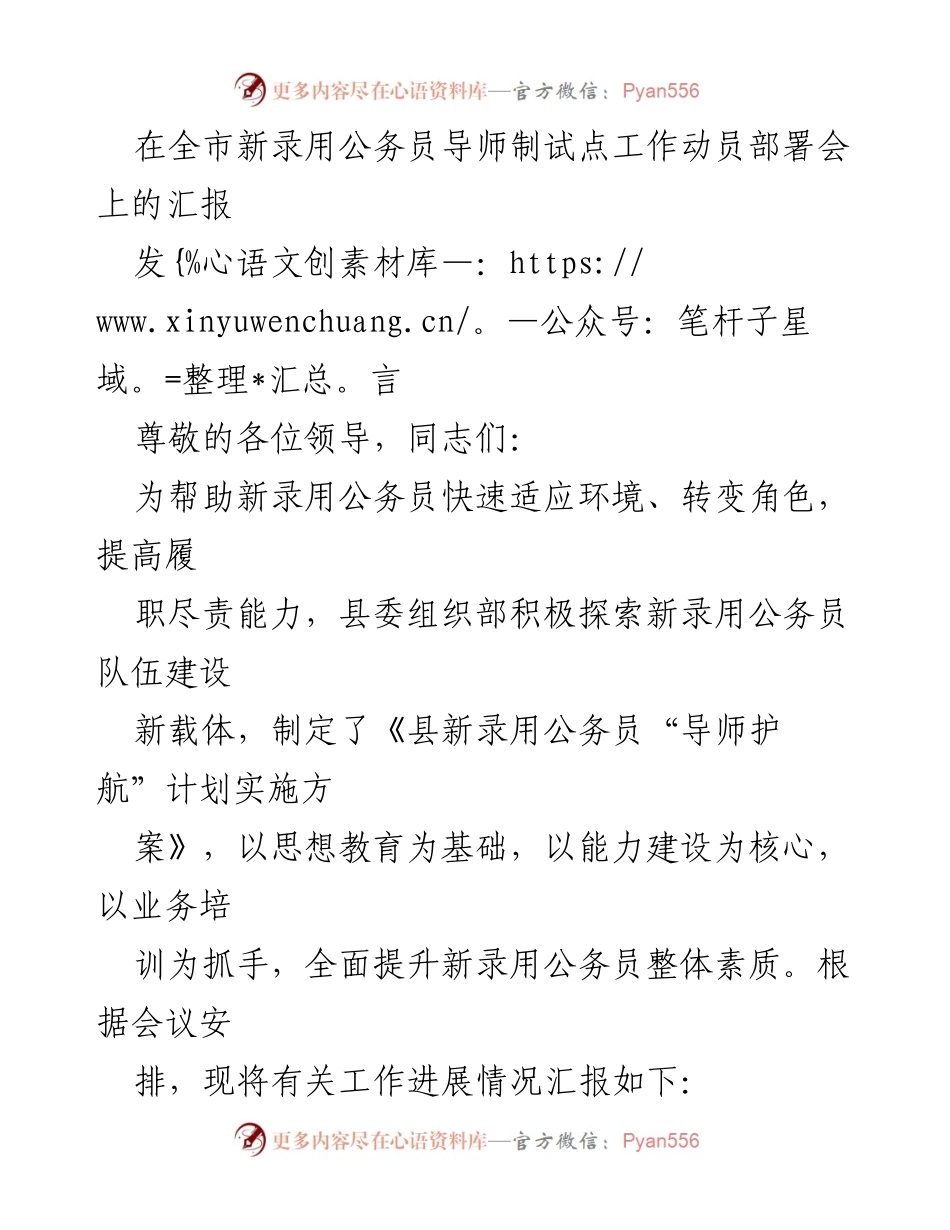 [发言] 全市新录用公务员导师制试点工作动员部署会 - 新录用公务员“导师护航”计划实施汇报.docx_第1页