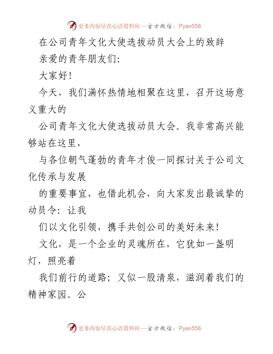 [发言] 动员大会 - 青年文化大使选拔动员致辞.docx_第1页