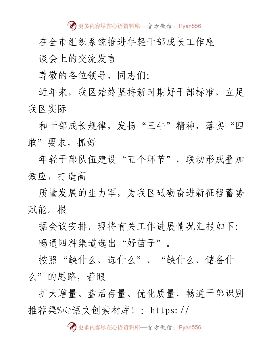 [发言] 全市组织系统推进年轻干部成长工作座谈会 - 加快年轻干部成长，打造高质量发展生力军.docx_第1页