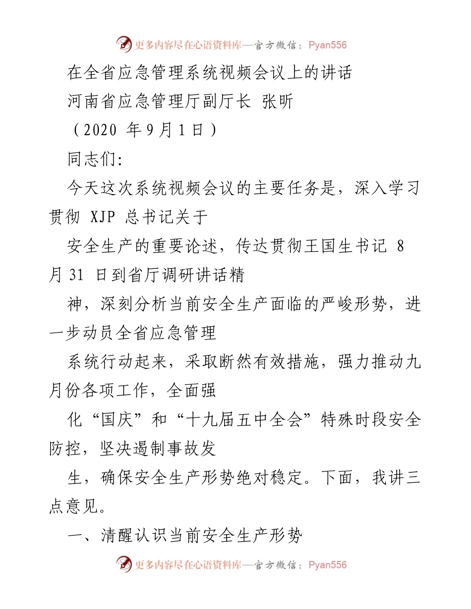 [发言] 全省应急管理系统视频会议 - 深入贯彻安全生产理念，确保国庆及五中全会期间安全稳定.docx_第1页