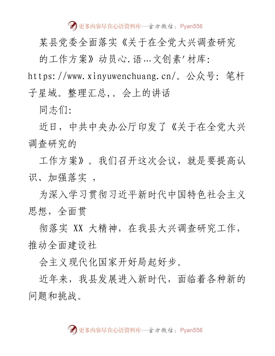 [发言] 动员会 - 深入推进调查研究工作，推动县域经济社会发展.docx_第1页