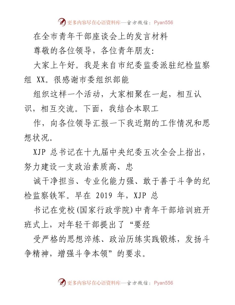 [发言] 全市青年干部座谈会 - 坚守忠诚与担当，做新时代纪检监察的先锋.docx_第1页