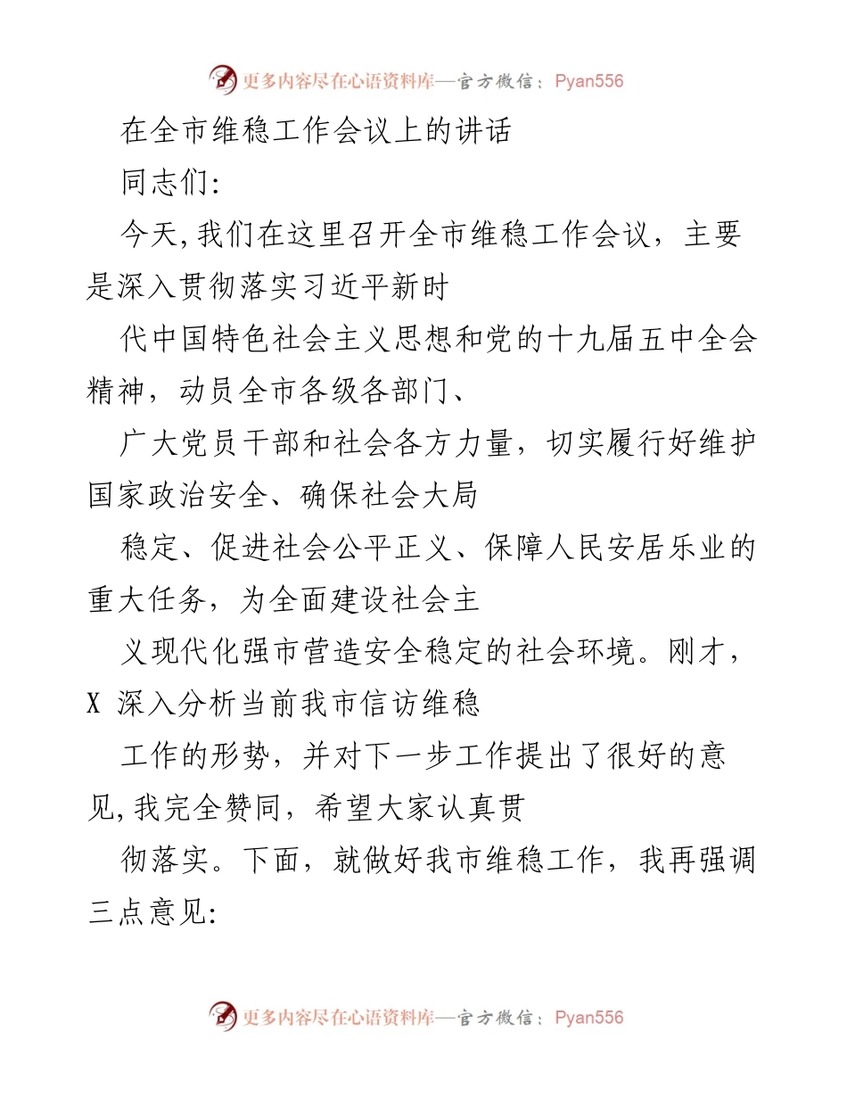 [发言] 全市维稳工作会议 - 强化维稳工作，确保社会稳定与安全.docx_第1页