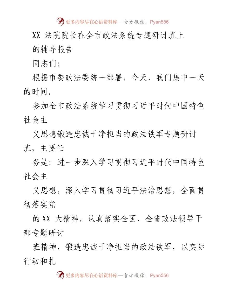 [发言] 全市政法系统专题研讨班 - 深入学习习近平法治思想，锻造政法铁军.docx_第1页