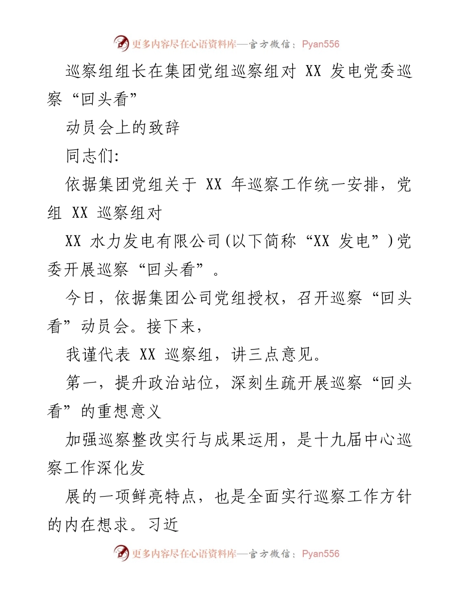 [发言] 动员会 - 巡察“回头看”动员会致辞.docx_第1页