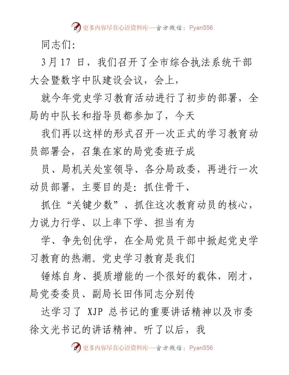 [发言] 全市综合执法系统干部大会 - 党史学习教育动员部署会总结与展望.docx_第1页