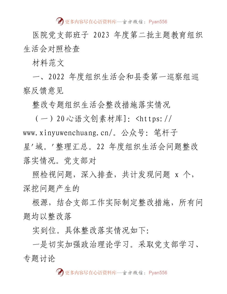 [发言] 医院党支部班子年度组织生活会 - 2023年度主题教育组织生活会对照检查与整改措施总结.docx_第1页