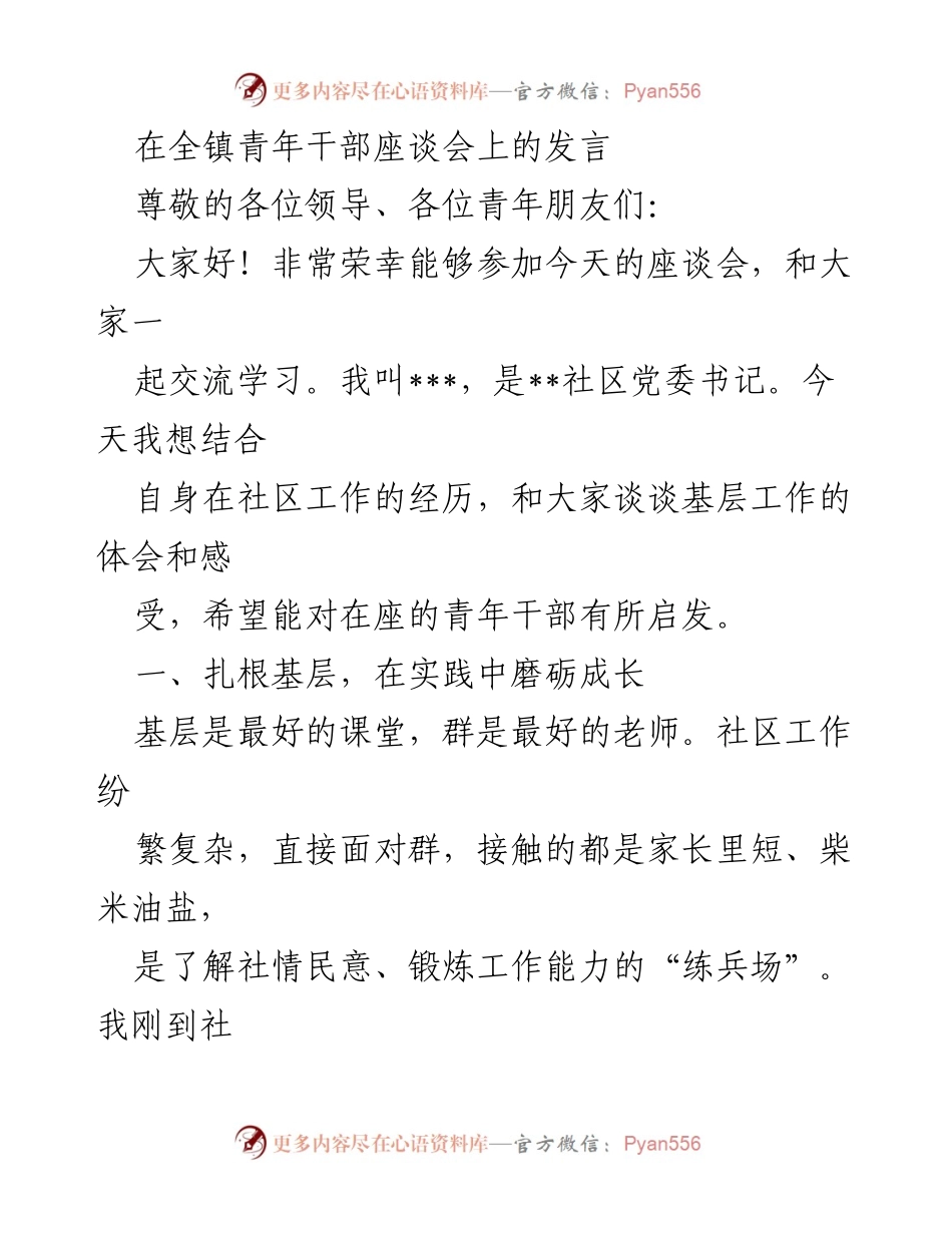 [发言] 全镇青年干部座谈会 - 扎根基层，服务群众：青年干部的成长与体会.docx_第1页