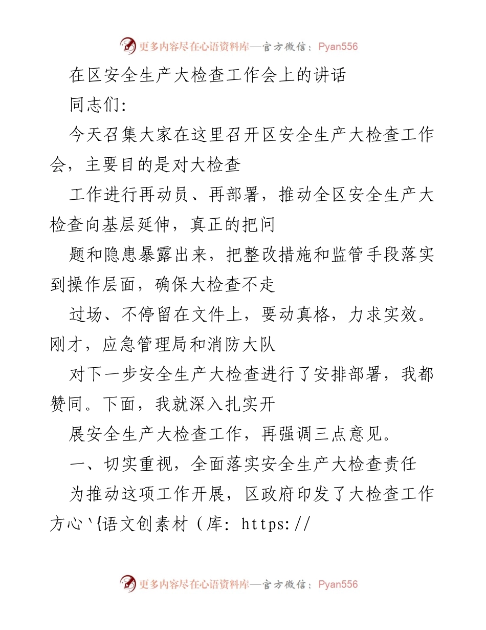 [发言] 区安全生产大检查工作会 - 强化安全生产大检查责任，确保实效落实.docx_第1页