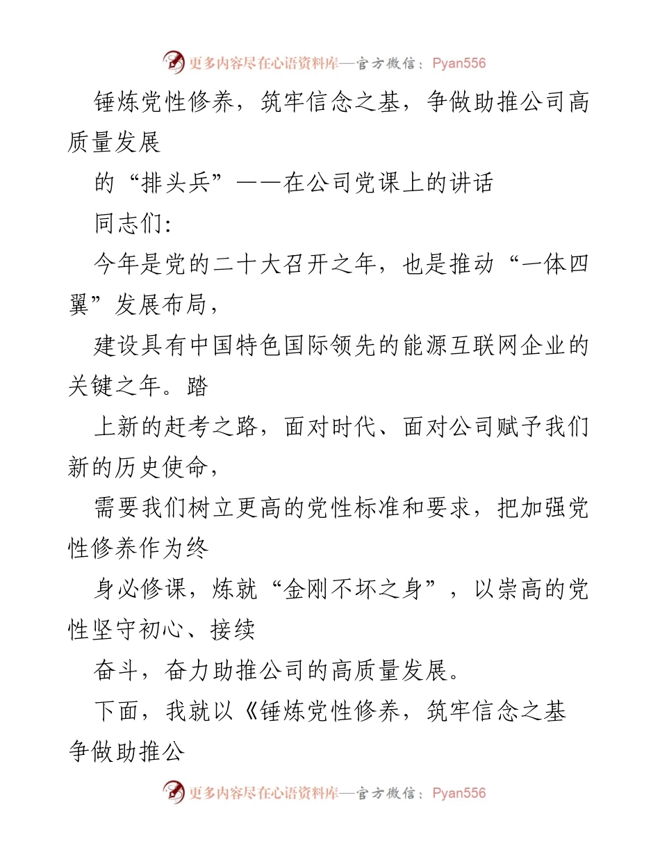 [发言] 公司党课 - 锤炼党性修养，助推公司高质量发展的使命担当.docx_第1页