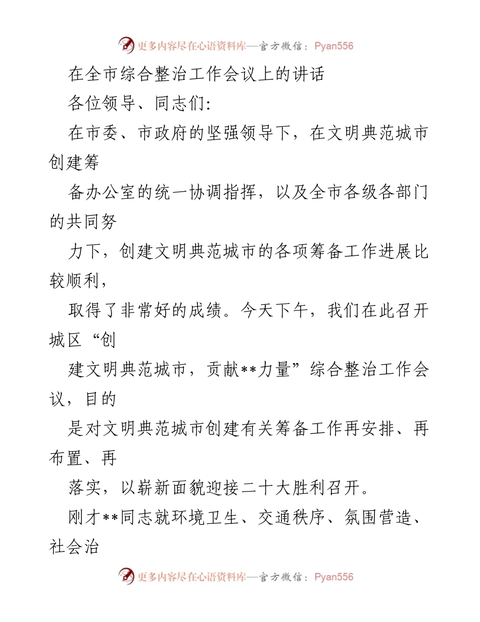 [发言] 全市综合整治工作会议 - 加强协作，共创文明典范城市.docx_第1页