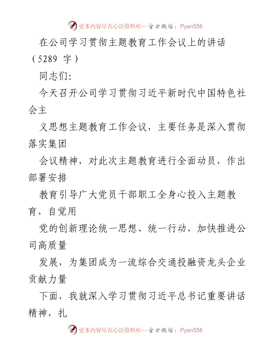 [发言] 公司主题教育工作会议 - 深入学习贯彻习近平新时代中国特色社会主义思想，推动公司高质量发展_1.docx_第1页