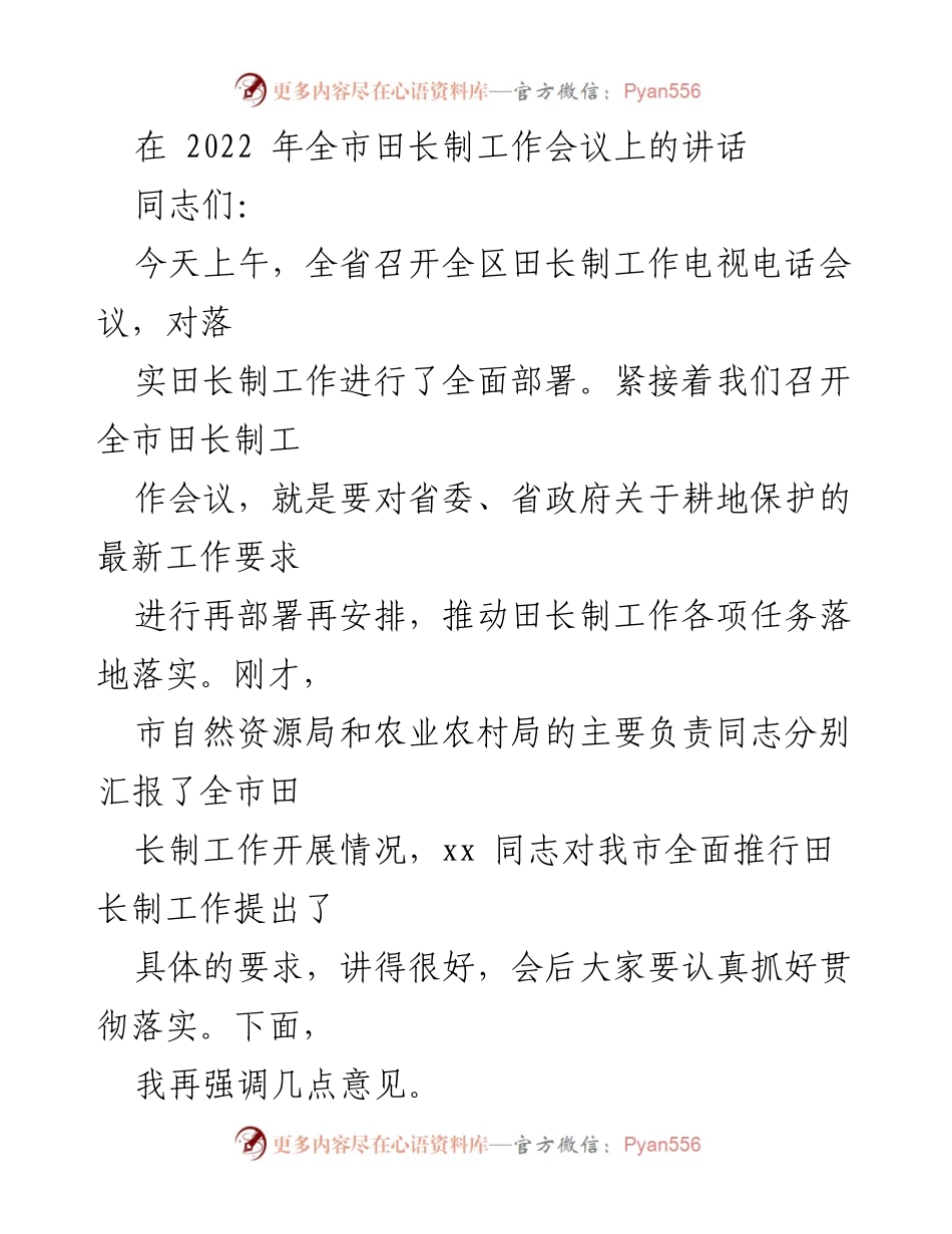 [发言] 全市田长制工作会议 - 强调耕地保护的重要性与田长制实施要求.docx_第1页