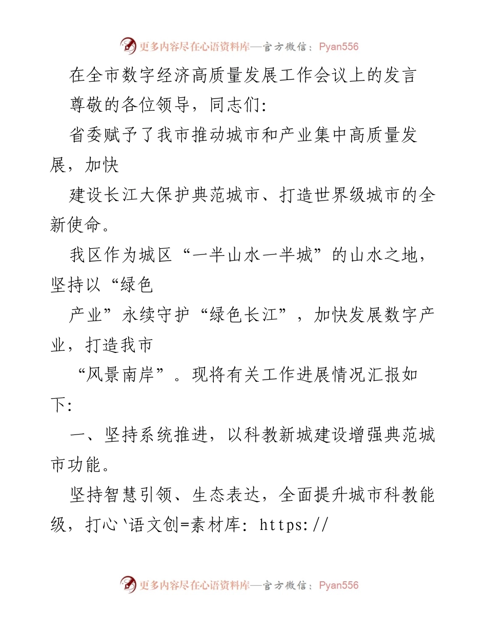[发言] 全市数字经济高质量发展工作会议 - 推动数字经济高质量发展，建设绿色长江与创新城市.docx_第1页