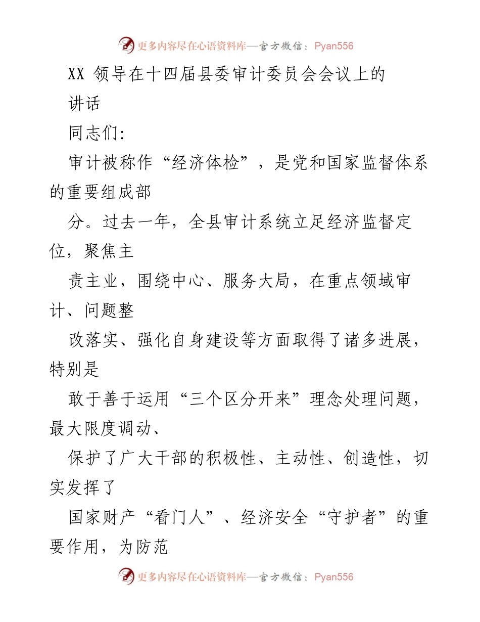 [发言] 十四届县委审计委员会会议 - 审计工作助力经济高质量发展的重要性与责任.docx_第1页