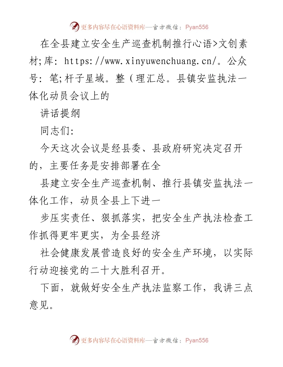 [发言] 动员会议 - 加强安全生产巡查机制与安监执法一体化的重要性.docx_第1页