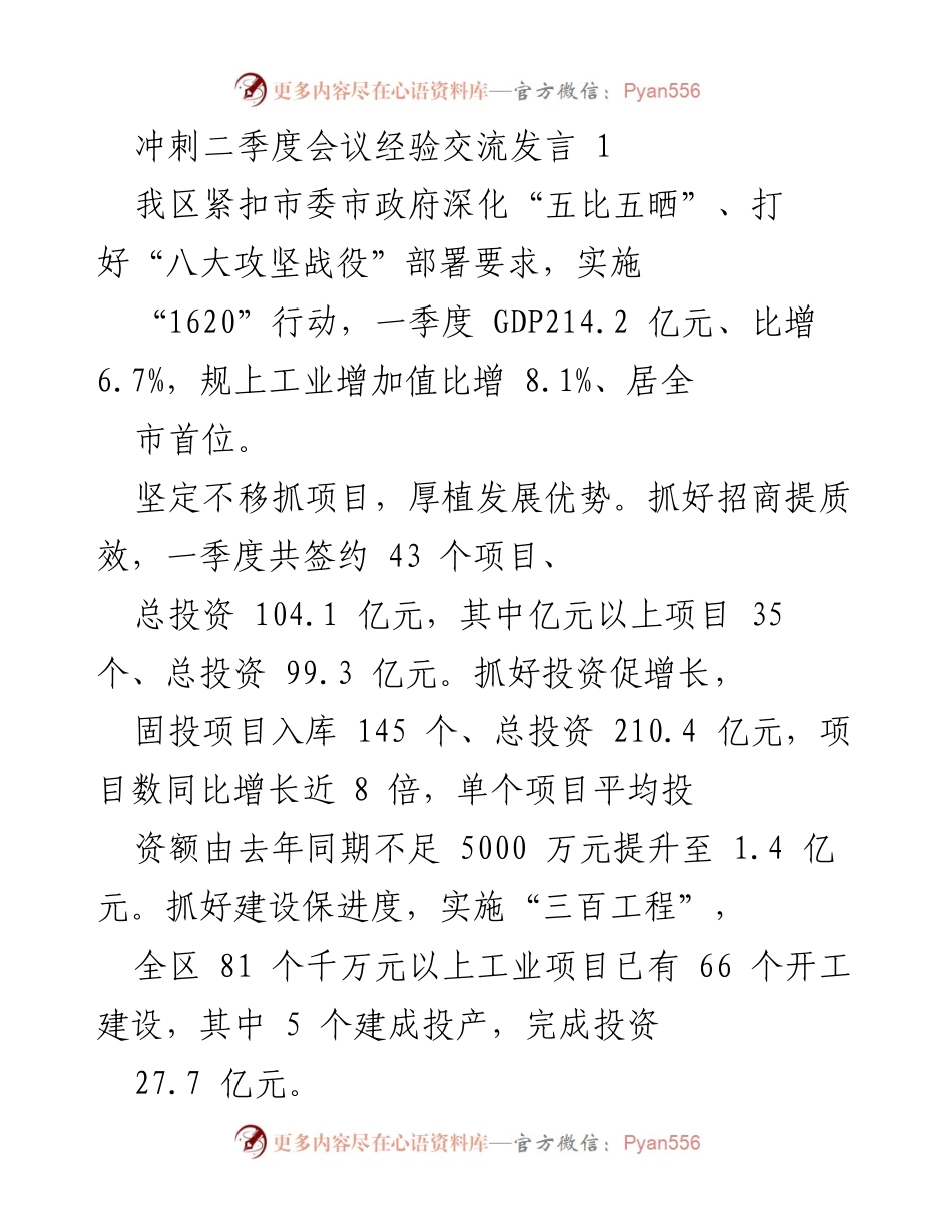 [发言] 冲刺二季度会议 - 加速发展：项目推进与服务保障经验交流.docx_第1页