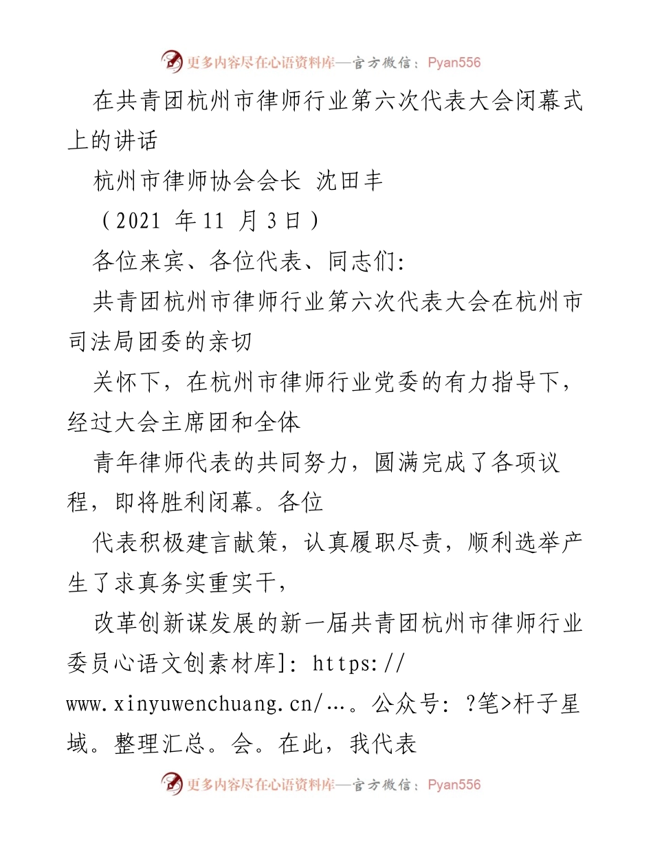 [发言] 共青团杭州市律师行业第六次代表大会闭幕式 - 青年律师的责任与未来.docx_第1页