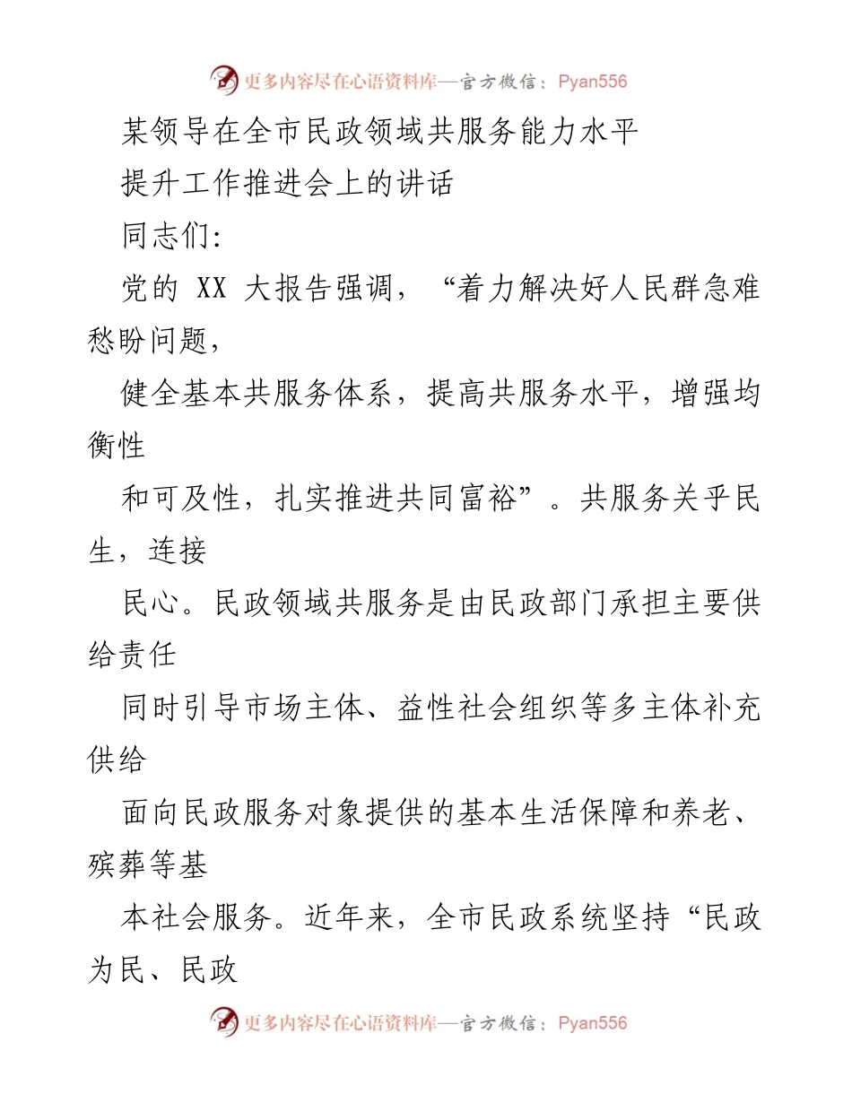 [发言] 全市民政领域共服务能力水平提升工作推进会 - 提升全市民政领域共服务能力的若干建议.docx_第1页