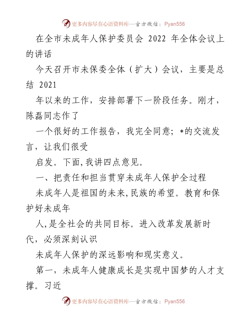 [发言] 全市未成年人保护委员会全体会议 - 强化责任担当，推动未成年人保护工作新发展.docx_第1页