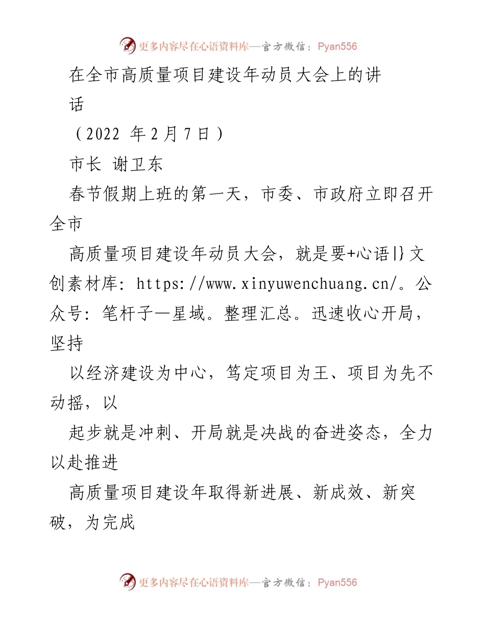 [发言] 全市高质量项目建设年动员大会 - 高质量项目建设年动员讲话.docx_第1页