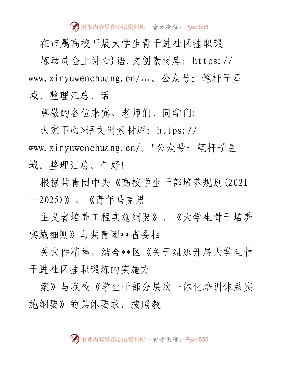 [发言] 动员会 - 大学生骨干进社区挂职锻炼的重要性与期望.docx_第1页