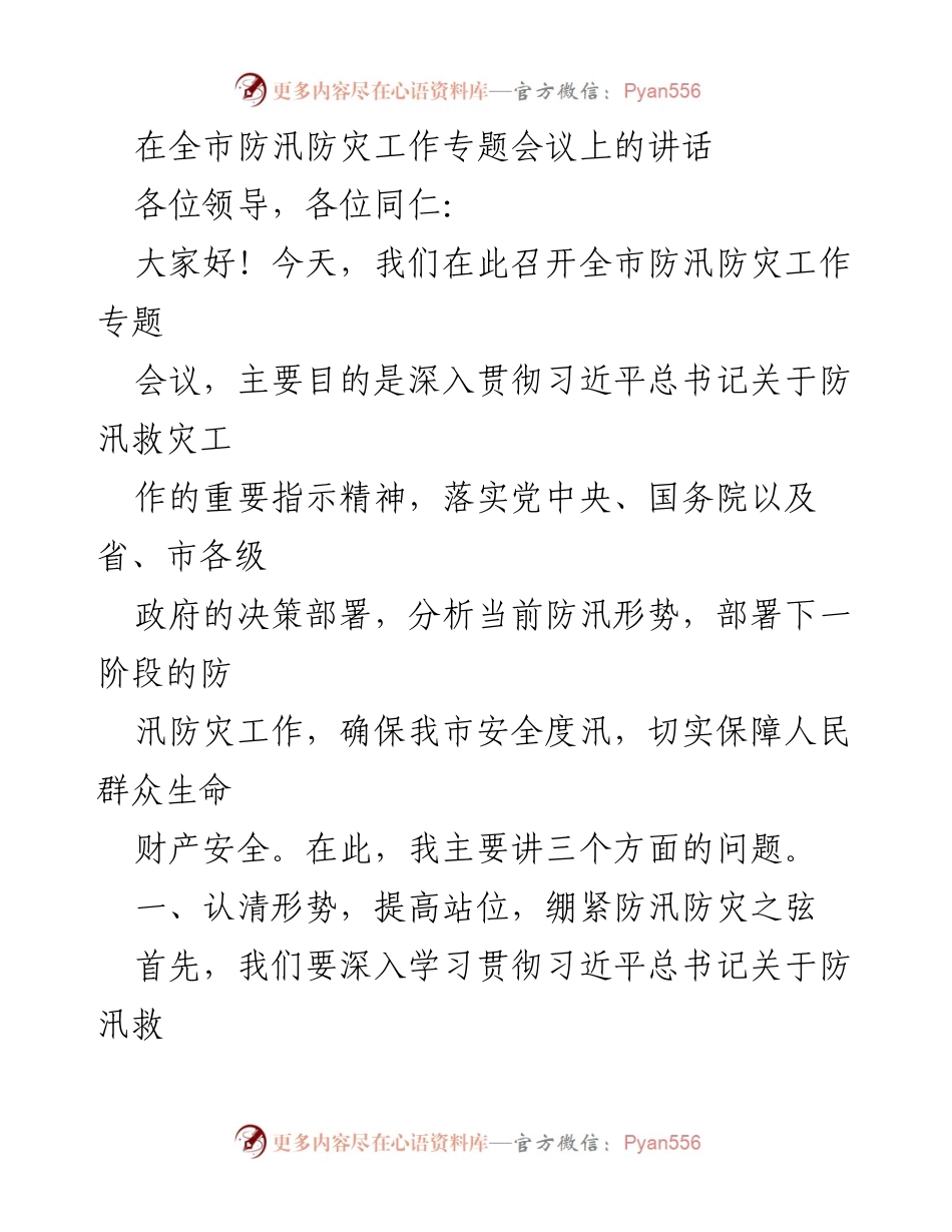 [发言] 全市防汛防灾工作专题会议 - 加强防汛防灾工作，确保人民安全.docx_第1页