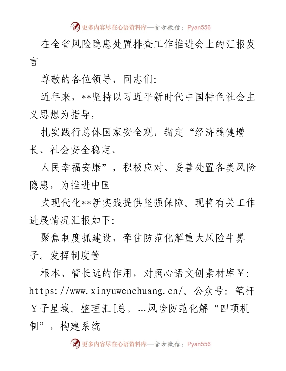 [发言] 全省风险隐患处置排查工作推进会 - 加强风险防范，保障经济社会安全稳定.docx_第1页