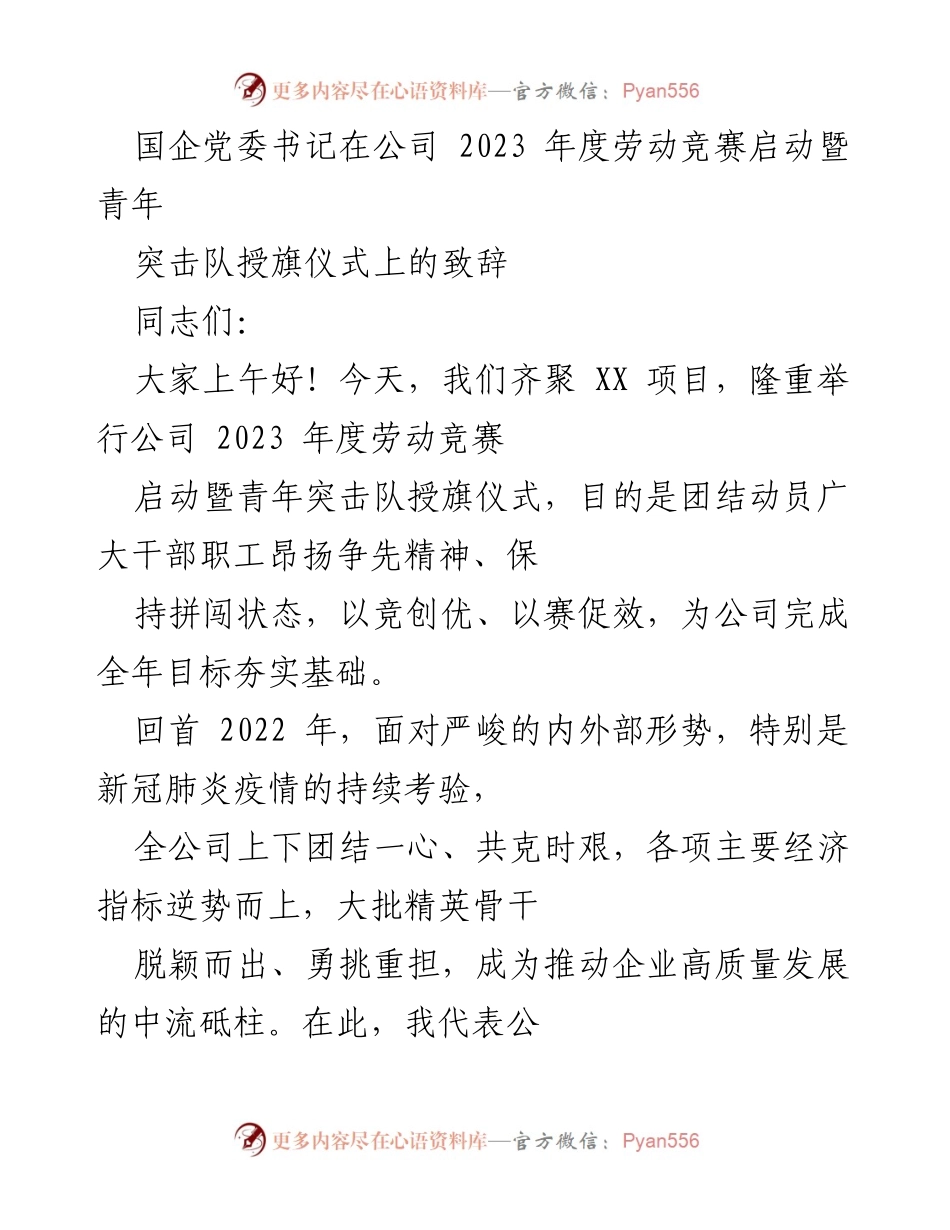[发言] 劳动竞赛启动暨青年突击队授旗仪式 - 国企党委书记在2023年度劳动竞赛启动仪式上的寄语.docx_第1页