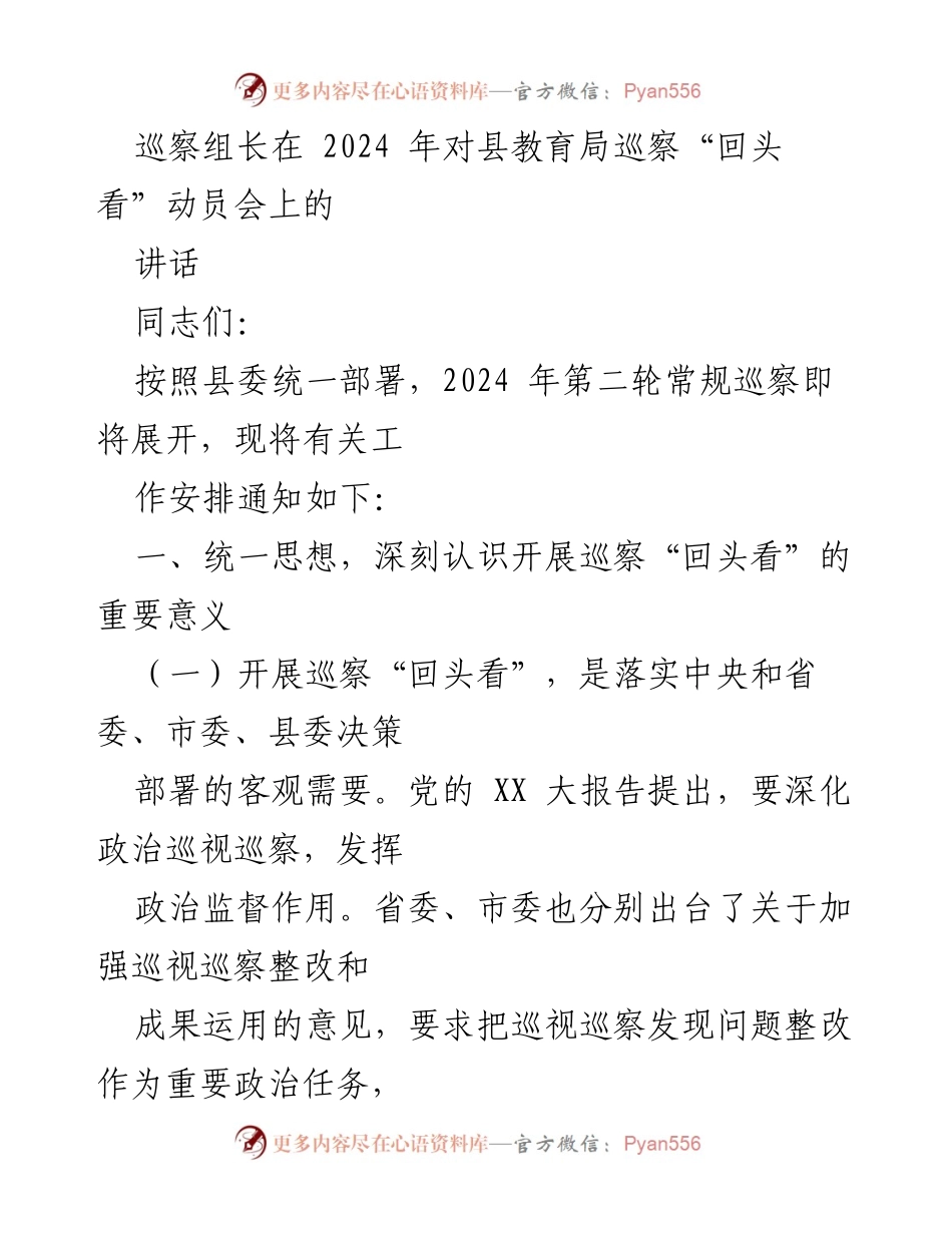 [发言] 动员会 - 巡察“回头看”动员讲话：推动教育高质量发展与全面从严治党.docx_第1页