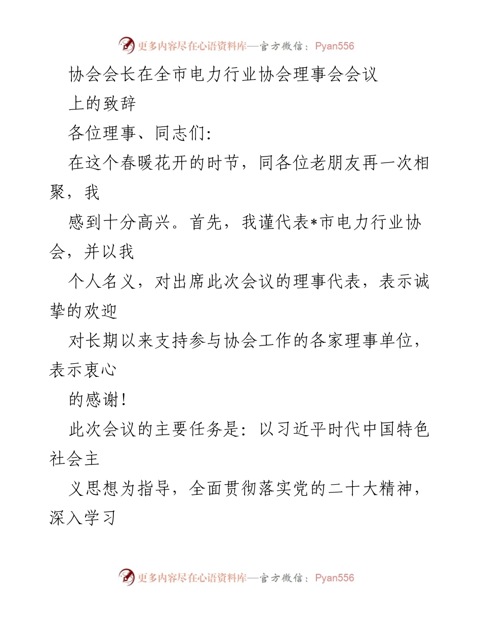 [发言] 全市电力行业协会理事会会议 - 协会会长致辞：总结成就与未来任务.docx_第1页