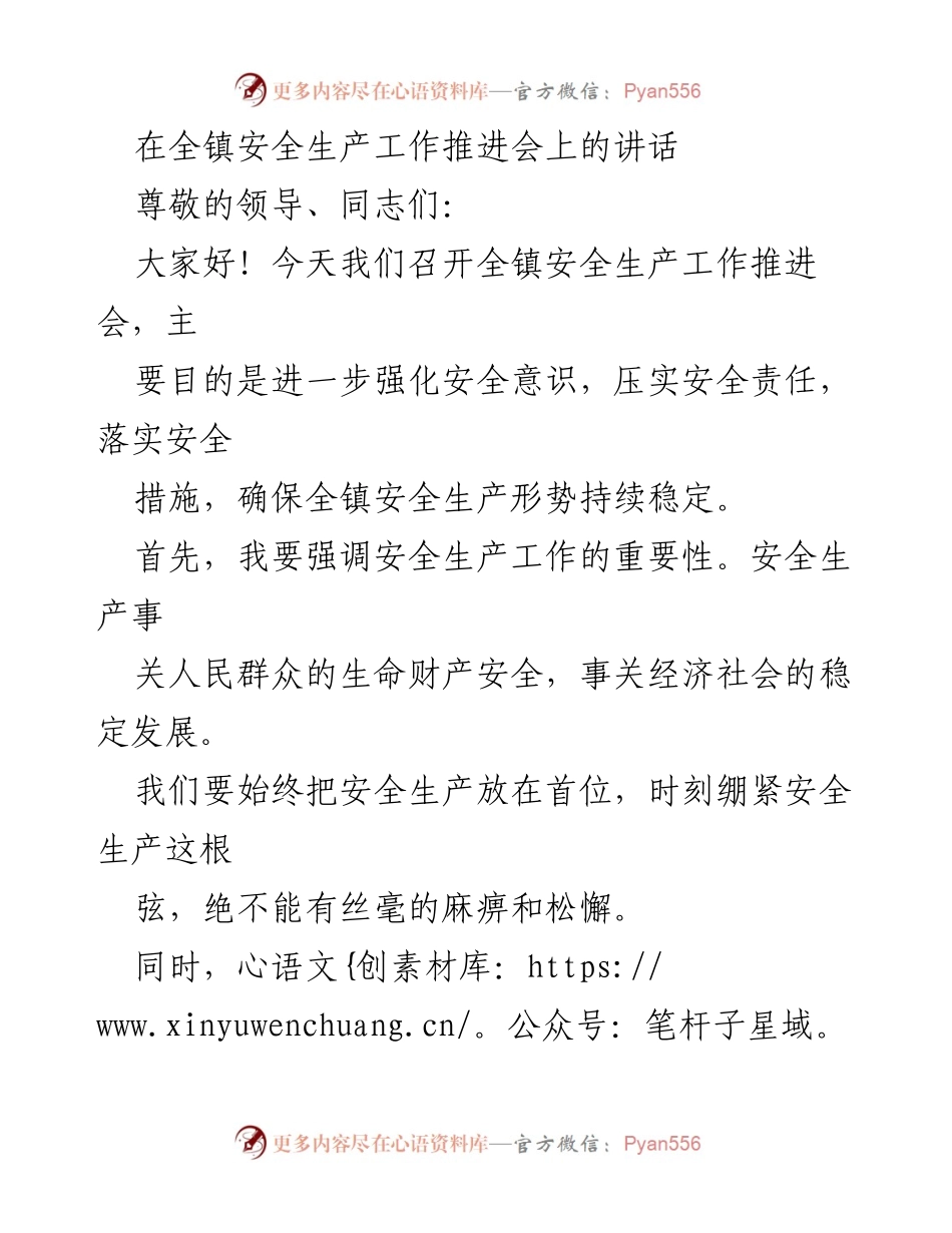 [发言] 全镇安全生产工作推进会 - 强化安全生产责任，确保全镇安全稳定.docx_第1页