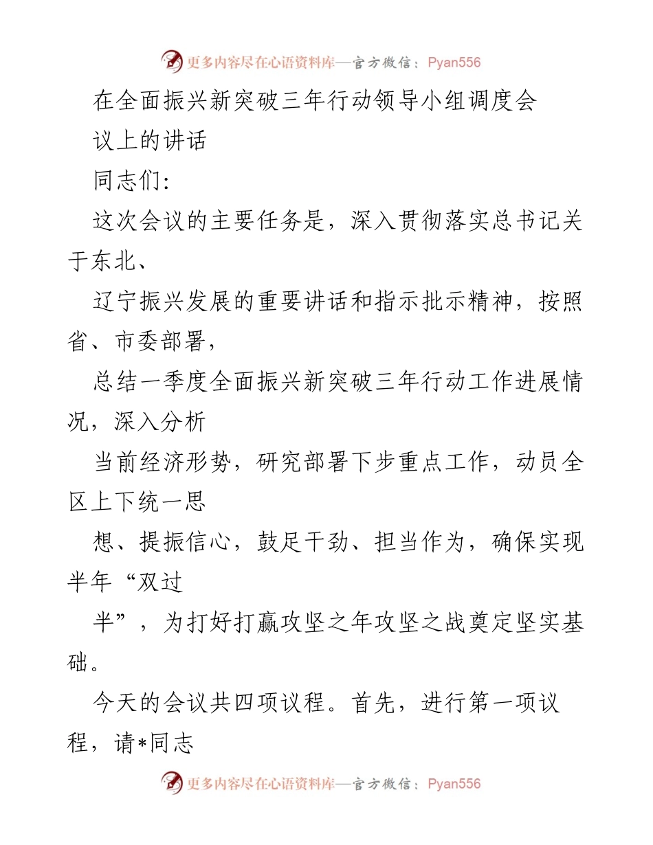 [发言] 全面振兴新突破三年行动领导小组调度会议 - 深入落实振兴战略，提振信心迎接攻坚之年.docx_第1页