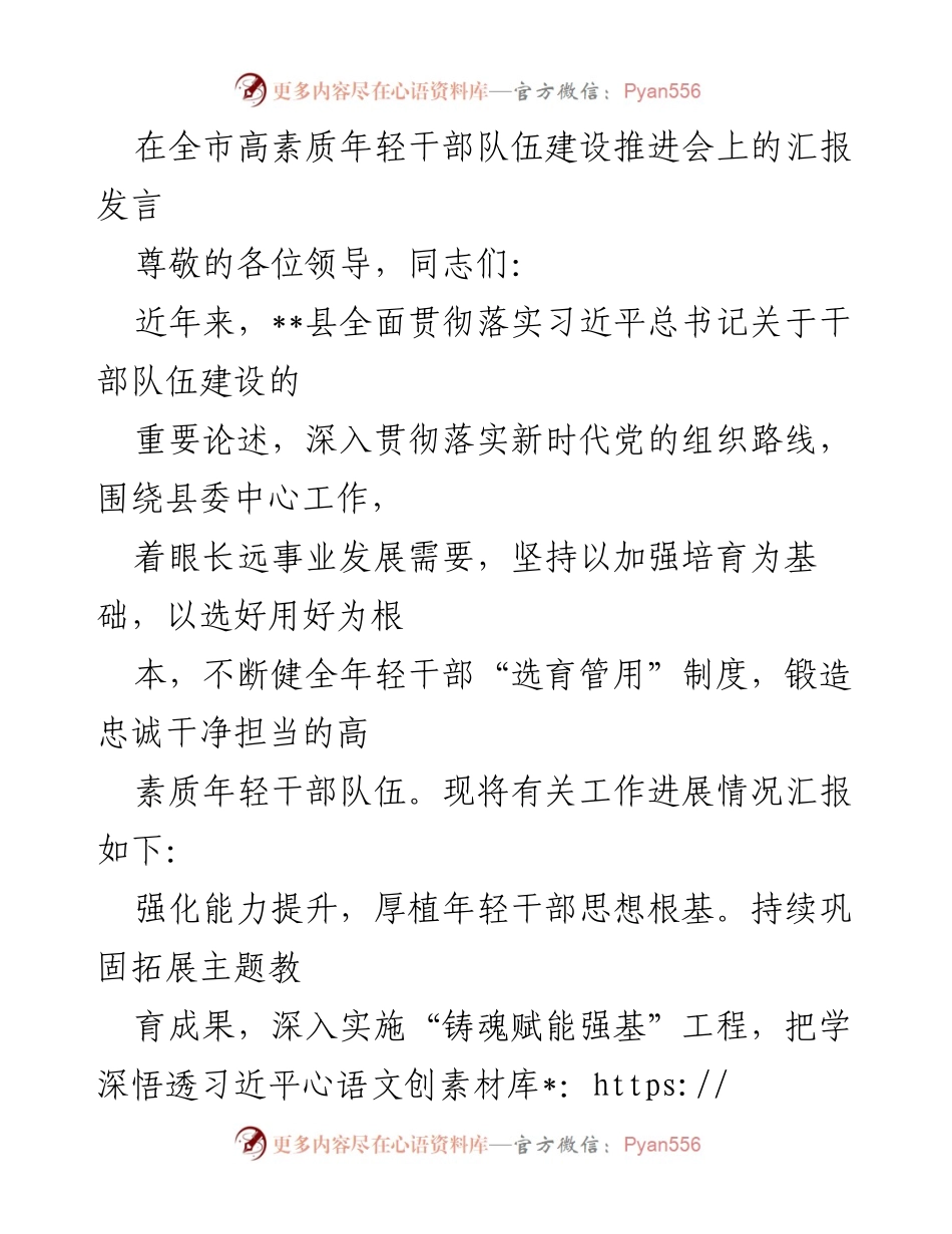 [发言] 全市高素质年轻干部队伍建设推进会 - 加强年轻干部队伍建设的实践与成效汇报.docx_第1页