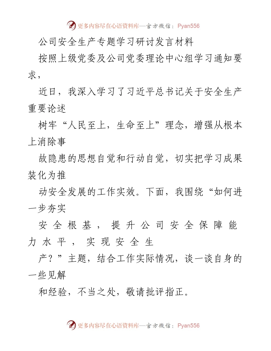[发言] 公司安全生产专题学习研讨 - 强化安全意识，提升生产保障能力.docx_第1页