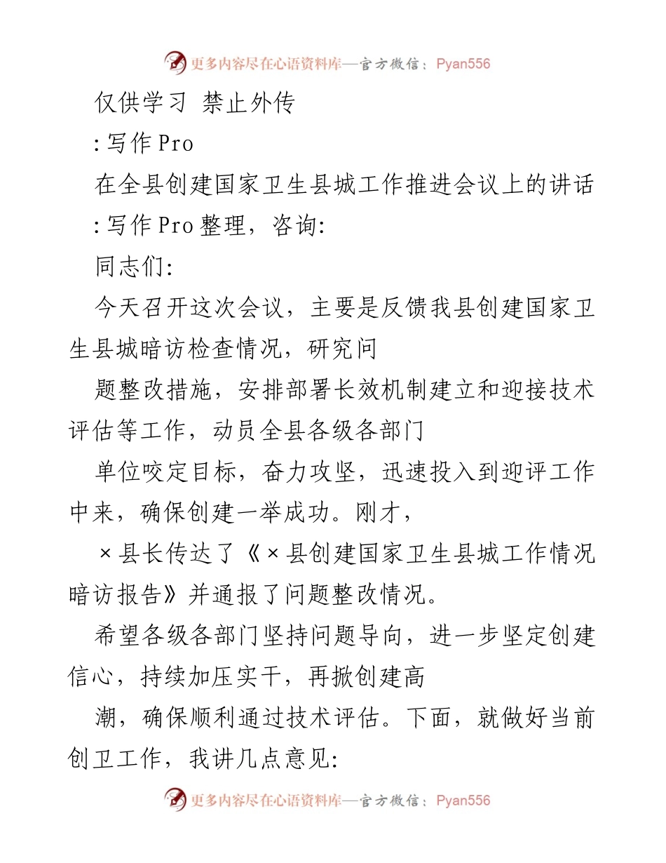[发言] 创建国家卫生县城工作推进会议 - 确保国家卫生县城创建成功的整改措施与长效机制.docx_第1页