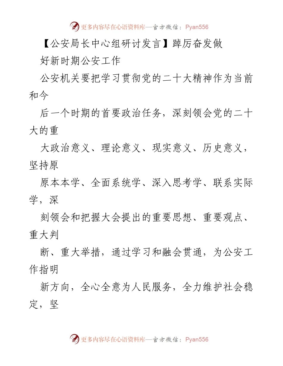 [发言] 公安局长中心组研讨 - 深入学习贯彻党的二十大精神，推动新时期公安工作创新发展.docx_第1页