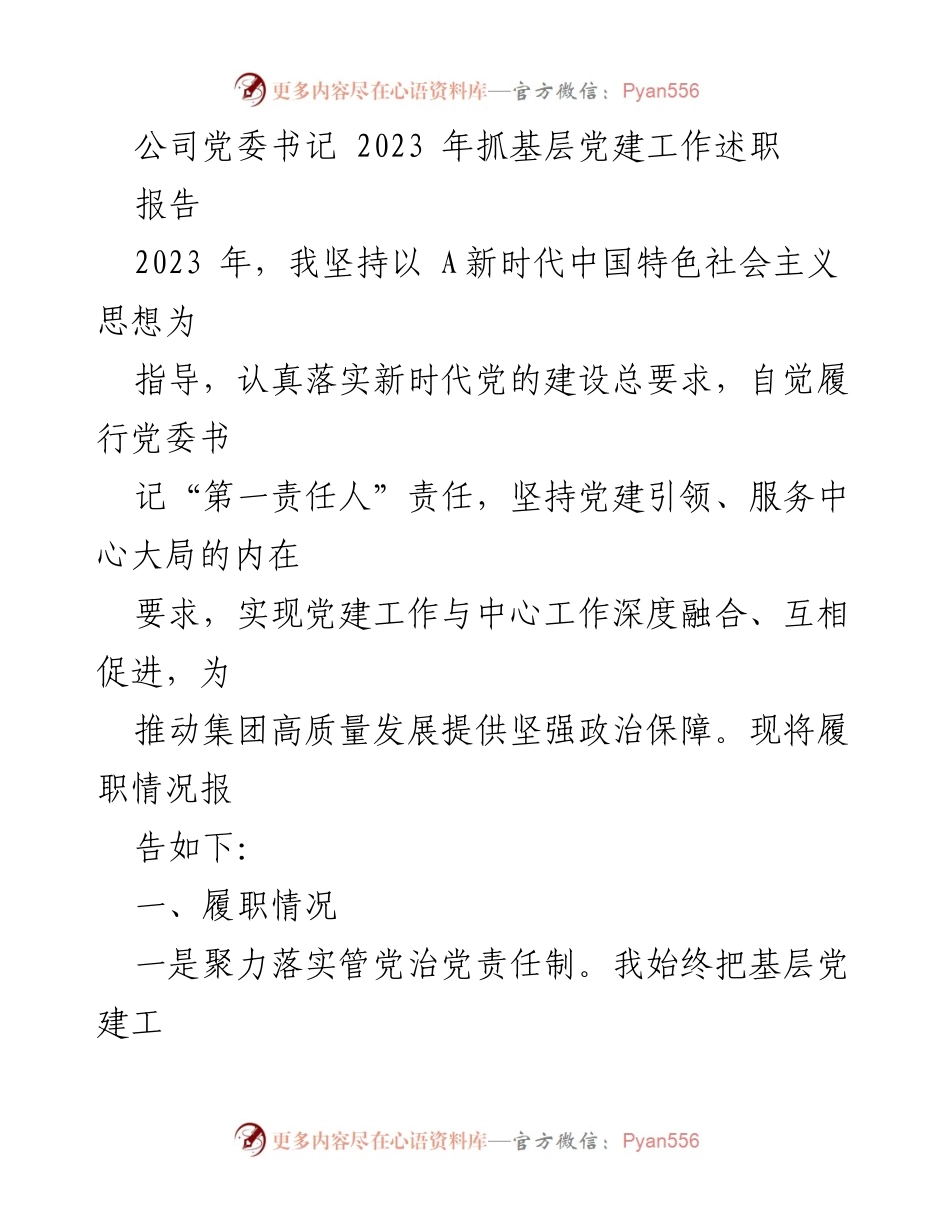 [发言] 公司党委书记述职 - 2023年基层党建工作履职报告.docx_第1页