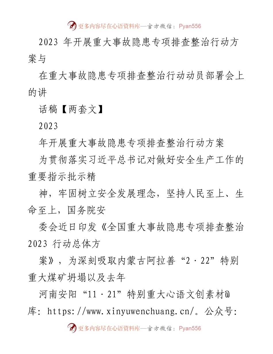 [发言] 动员部署会 - 2023年重大事故隐患专项排查整治行动动员讲话稿.docx_第1页