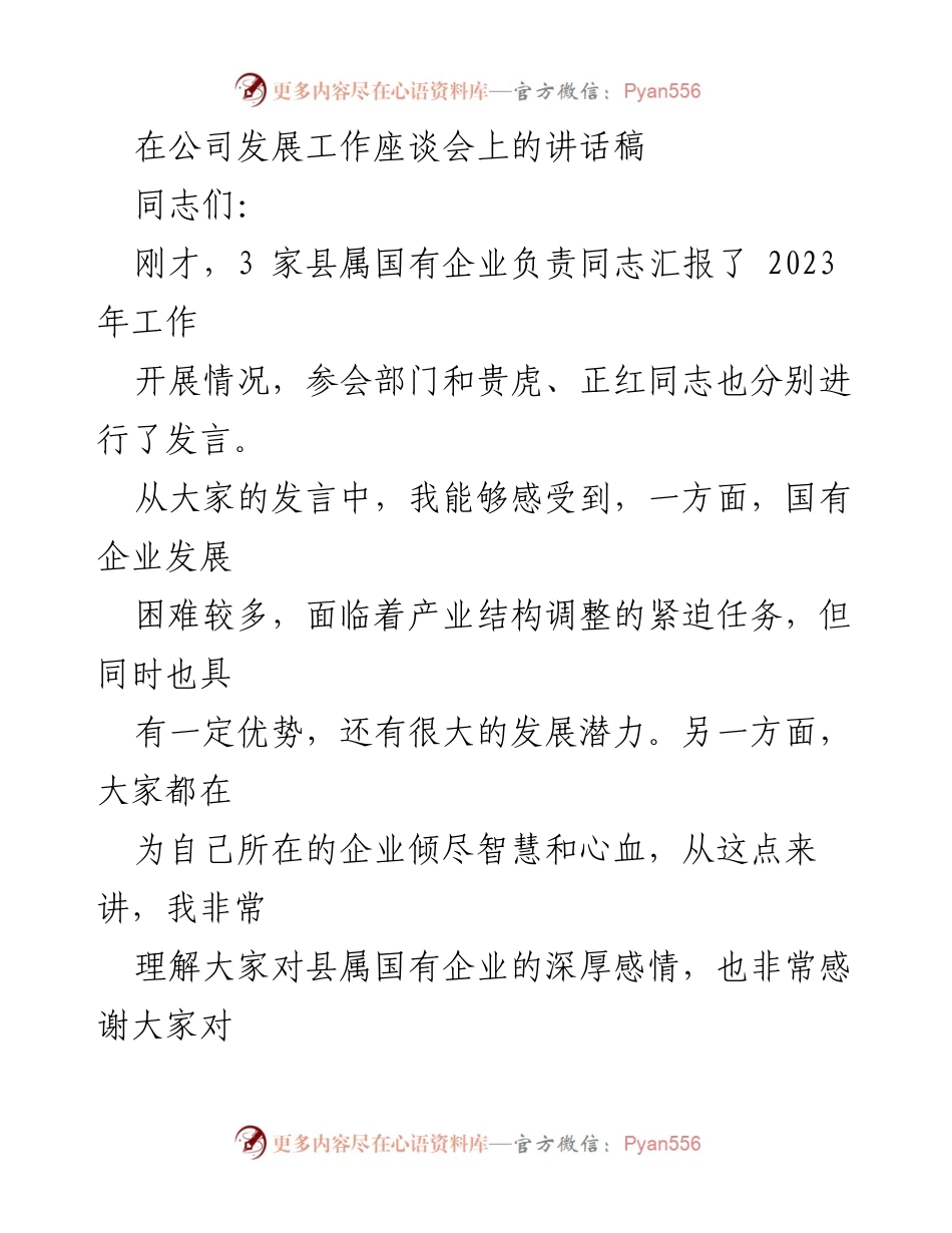 [发言] 公司发展工作座谈会 - 加强县属国有企业改革，推动高质量发展.docx_第1页