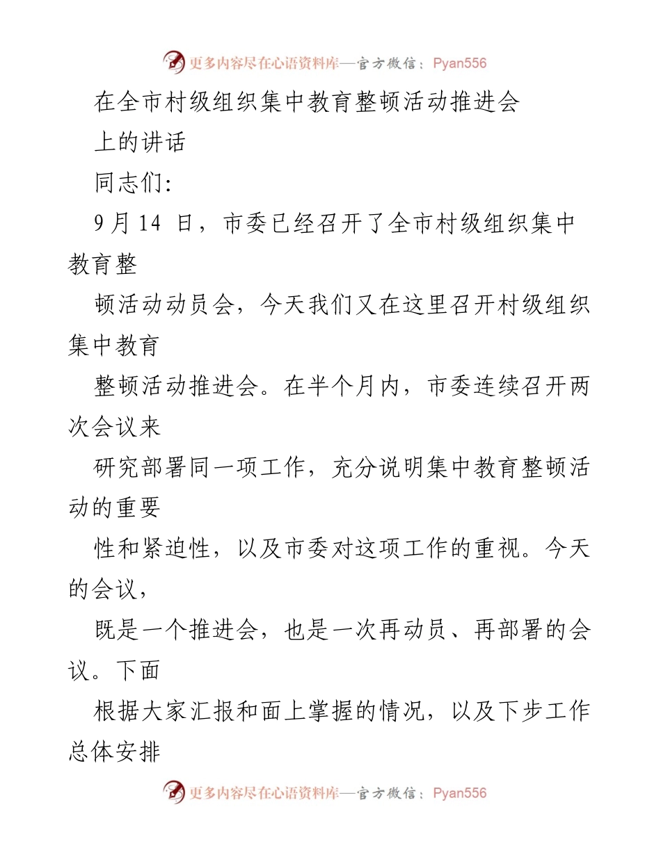 [发言] 全市村级组织集中教育整顿活动推进会 - 强化村级组织整顿，推动工作落实与问题解决.docx_第1页