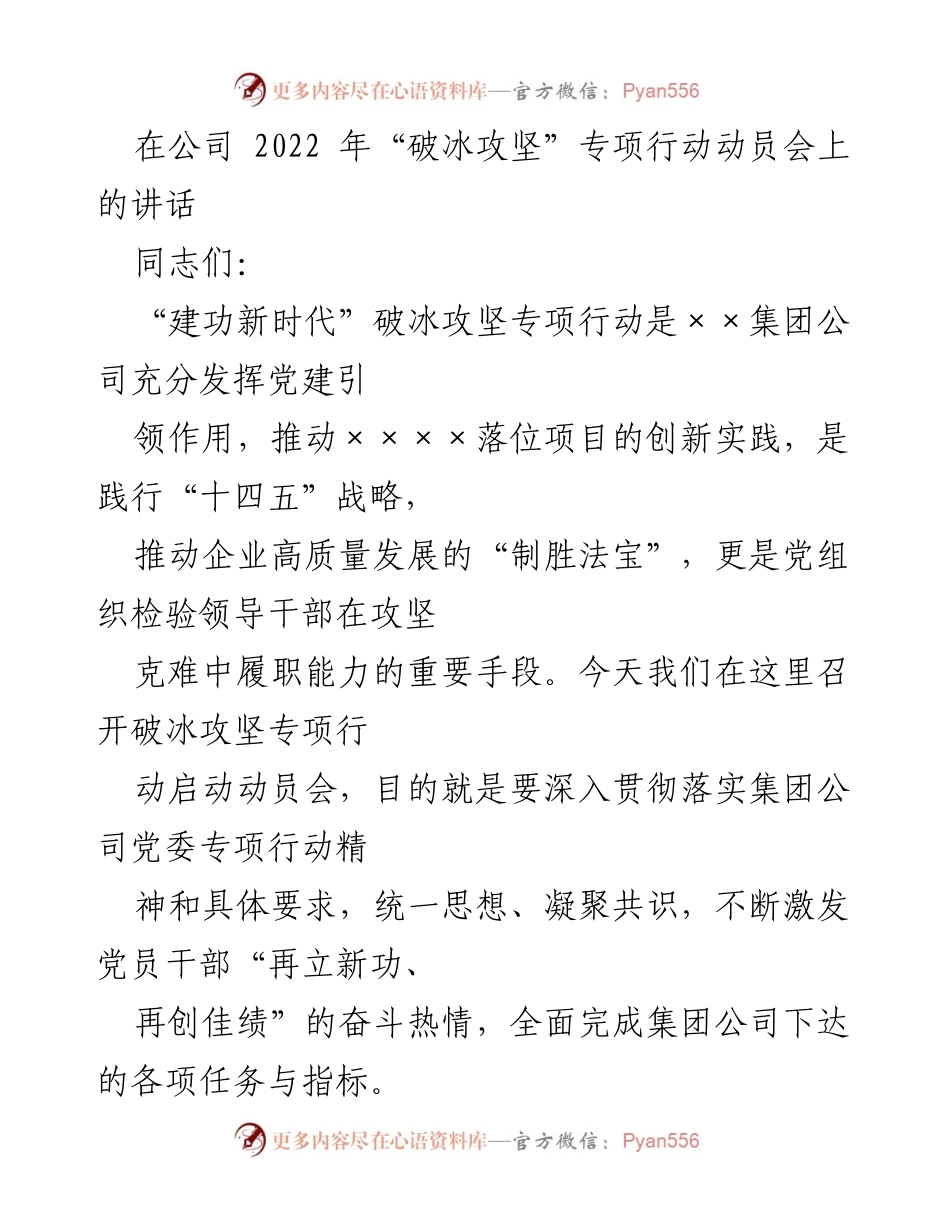 [发言] 动员会 - 破冰攻坚专项行动启动动员会讲话.docx_第1页