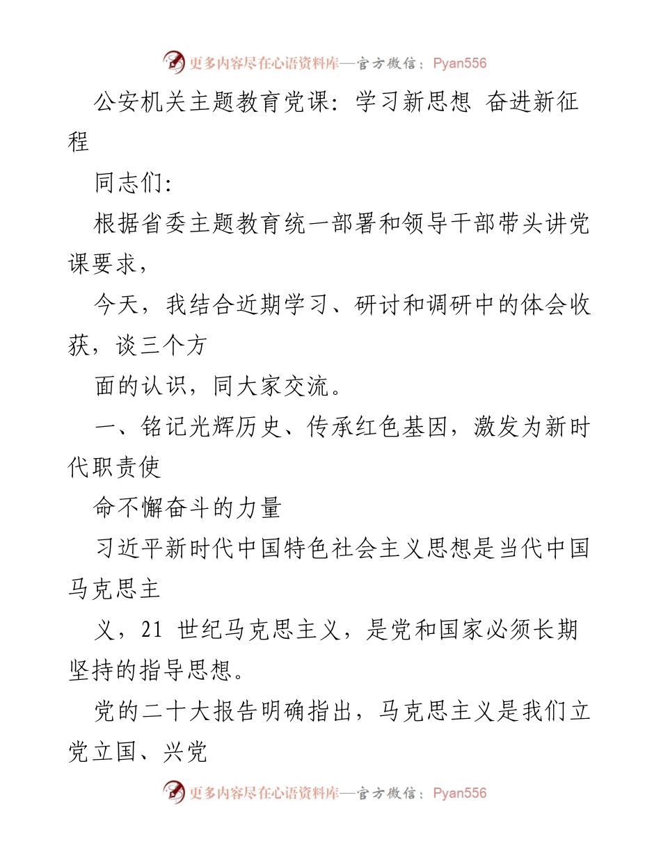 [发言] 公安机关主题教育党课 - 深入学习习近平新时代中国特色社会主义思想，激发公安机关奋进新征程.docx_第1页
