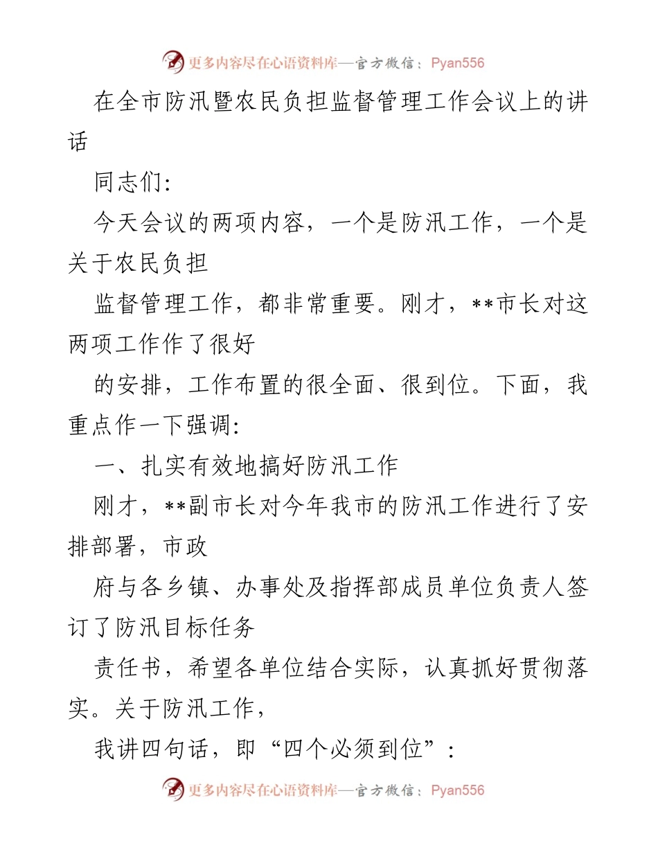 [发言] 全市防汛暨农民负担监督管理工作会议 - 强调防汛工作的重要性与责任落实.docx_第1页