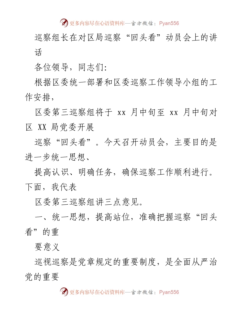 [发言] 动员会 - 巡察“回头看”动员会议讲话要点.docx_第1页