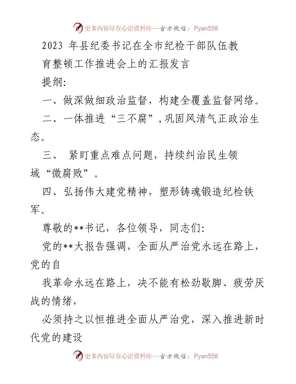 [发言] 全市纪检干部队伍教育整顿工作推进会 - 深化政治监督，推动纪检监察高质量发展.docx_第1页