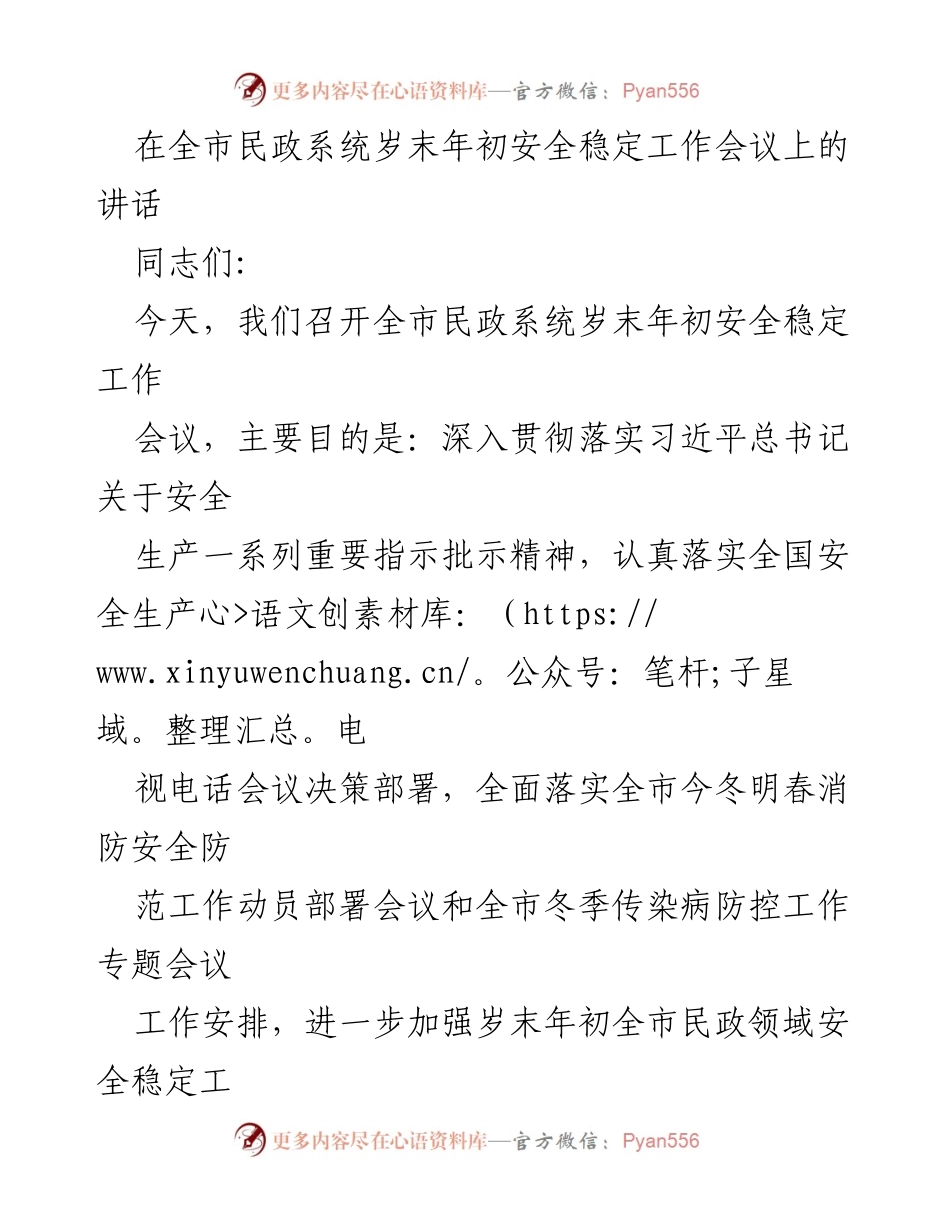 [发言] 全市民政系统岁末年初安全稳定工作会议 - 加强岁末年初民政领域安全稳定工作的讲话.docx_第1页