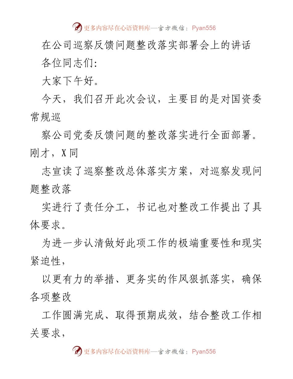[发言] 公司巡察反馈问题整改落实部署会 - 强化责任担当，确保巡察整改落实有效推进.docx_第1页