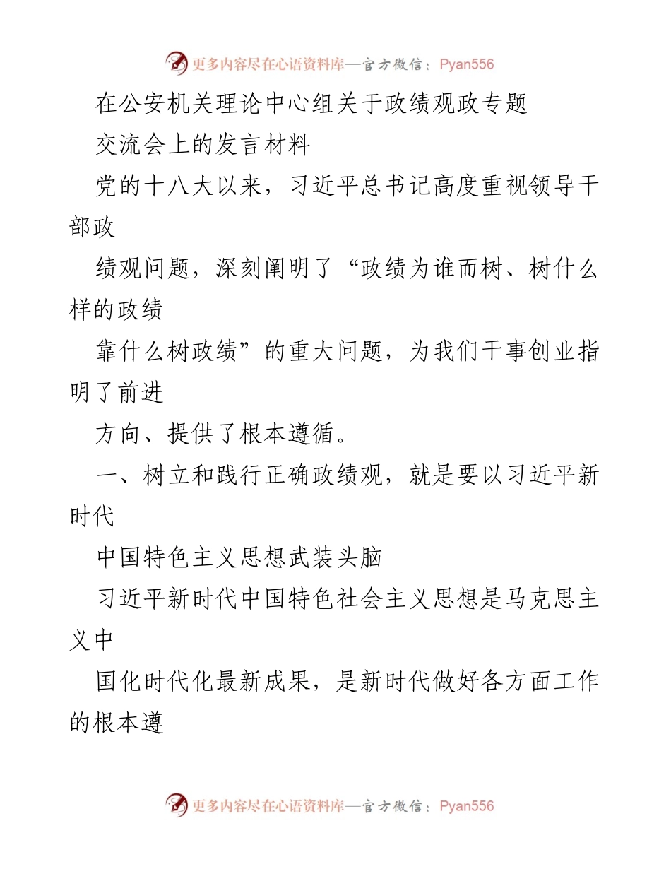 [发言] 公安机关理论中心组交流会 - 树立正确政绩观，推动公安工作高质量发展.docx_第1页